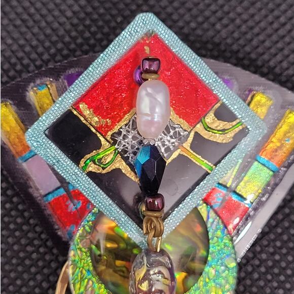 Bold Luxe 80s Artisan Red Black Iridescent Geometric Dangle Brooch Statement - Picture 4 of 7